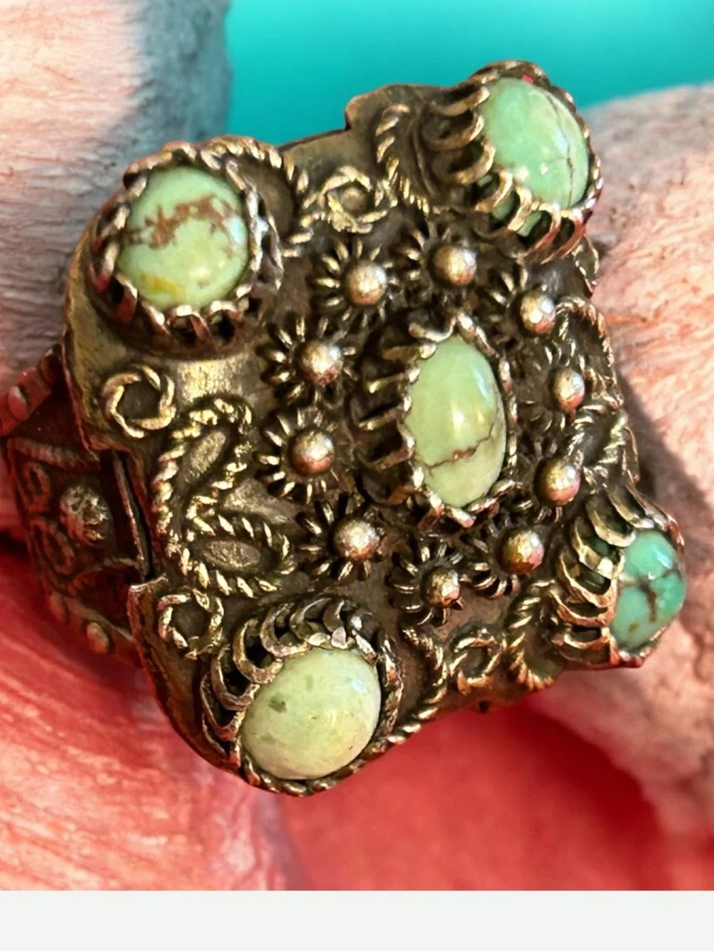 Antique Yemenite Filigree Genuine Turquoise Silver Ornate Ring